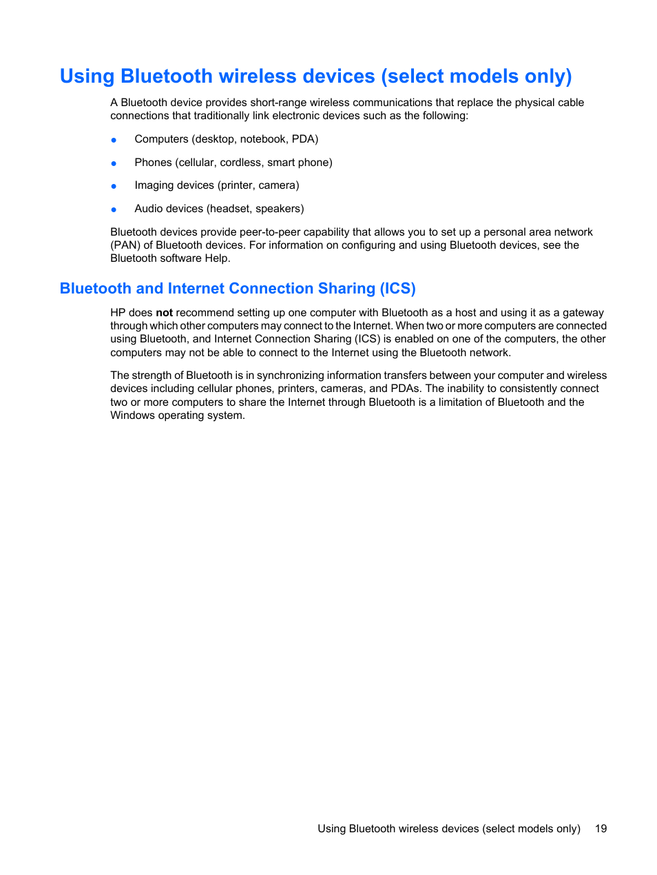 Bluetooth and internet connection sharing (ics) | HP G72-b50US Notebook PC User Manual | Page 29 / 127