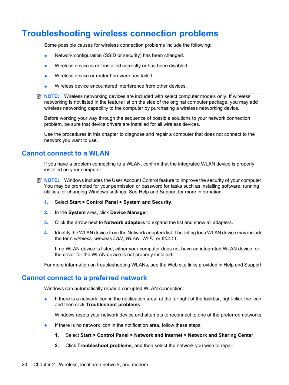 Troubleshooting wireless connection problems, Cannot connect to a wlan, Cannot connect to a preferred network | HP G72-b50US Notebook PC User Manual | Page 30 / 127