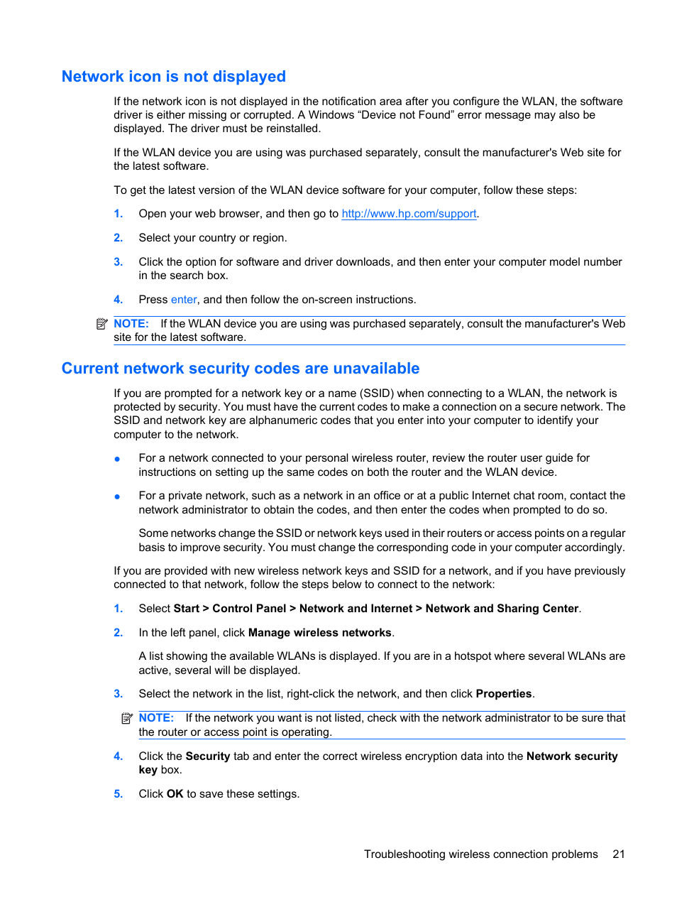 Network icon is not displayed, Current network security codes are unavailable | HP G72-b50US Notebook PC User Manual | Page 31 / 127