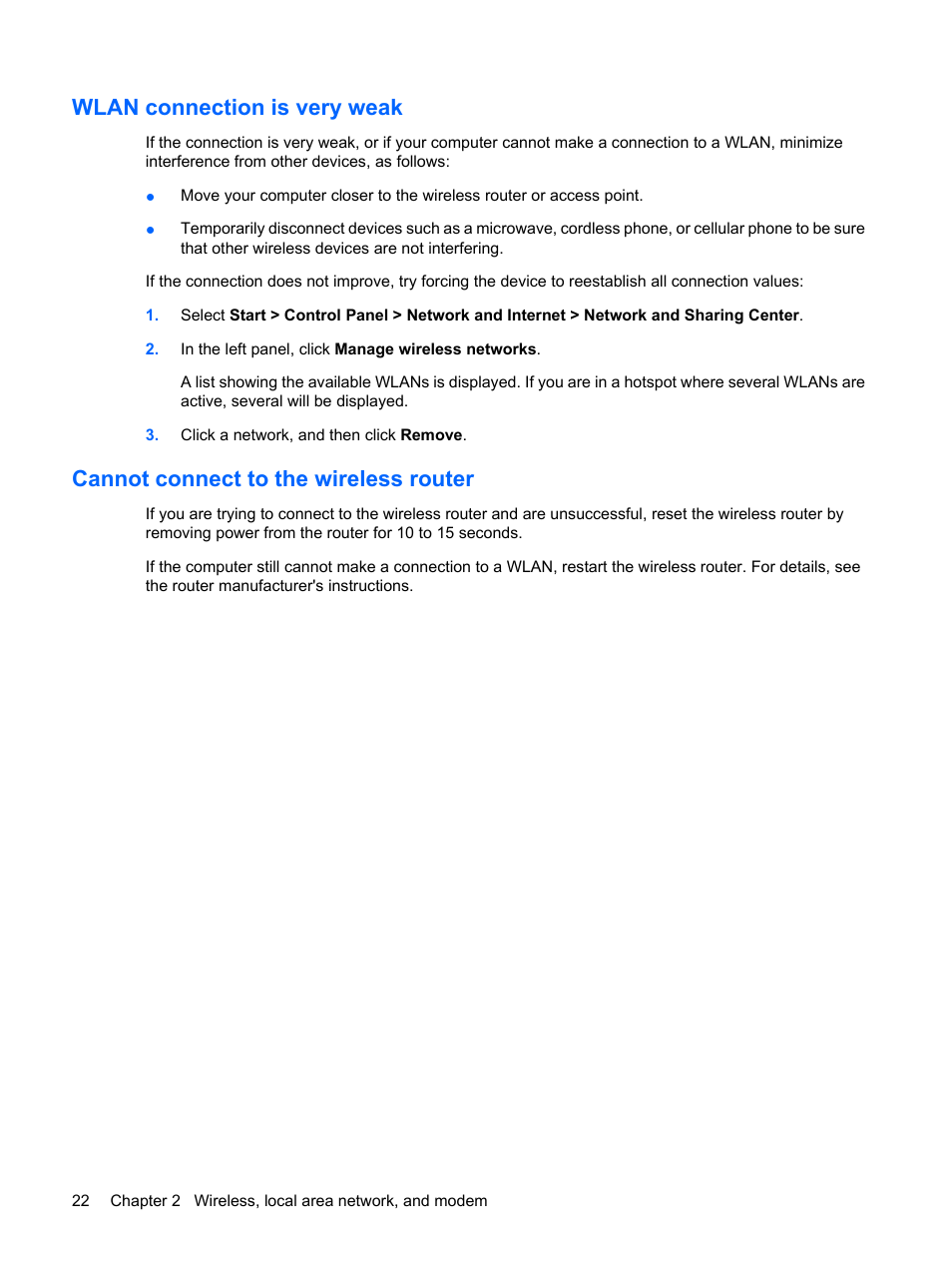 Wlan connection is very weak, Cannot connect to the wireless router | HP G72-b50US Notebook PC User Manual | Page 32 / 127