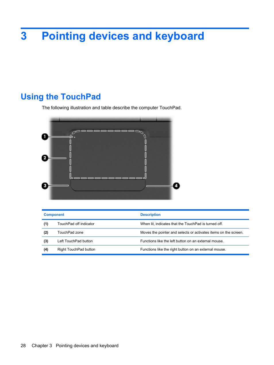 Pointing devices and keyboard, Using the touchpad, 3 pointing devices and keyboard | 3pointing devices and keyboard | HP G72-b50US Notebook PC User Manual | Page 38 / 127