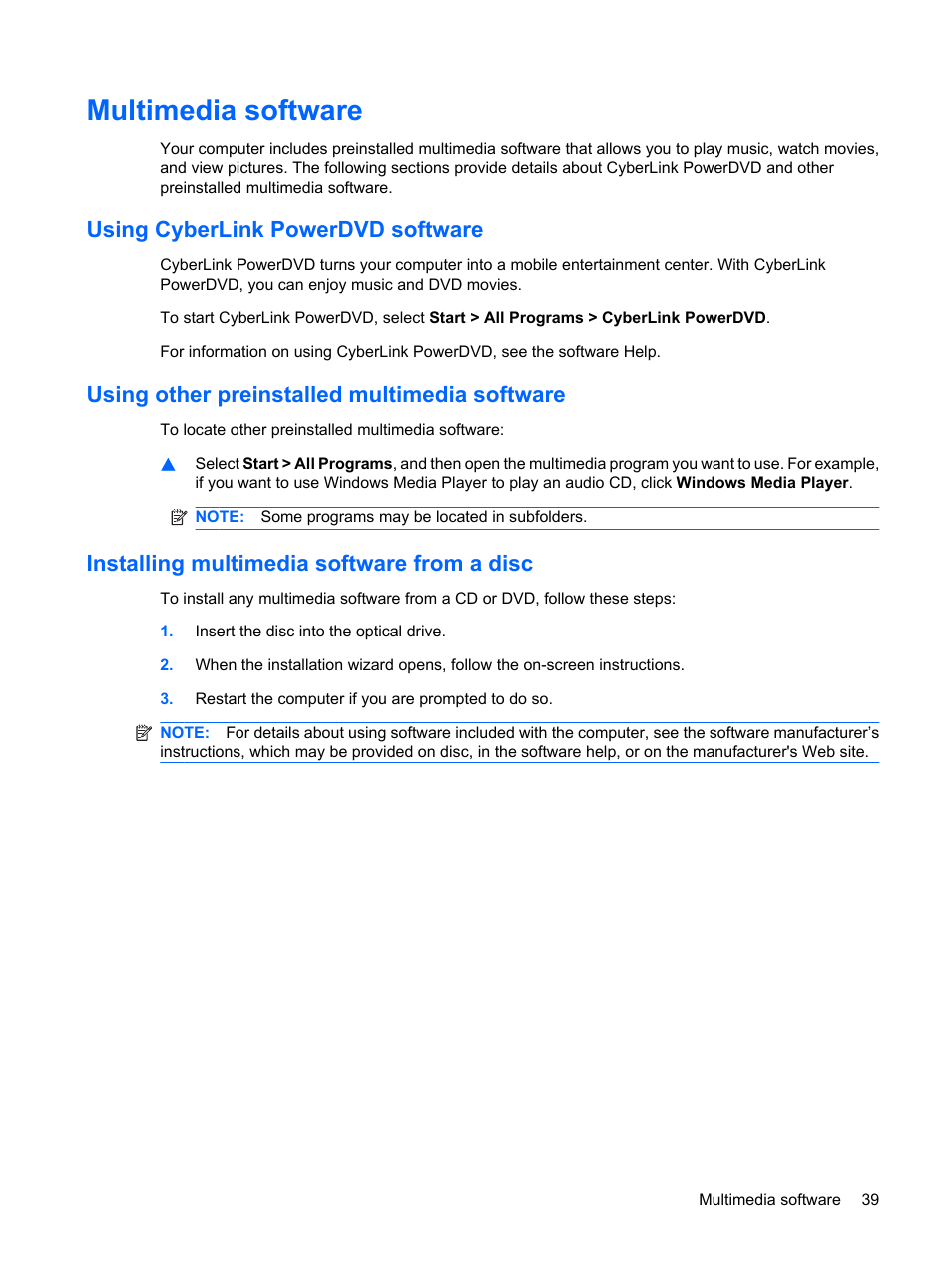 Multimedia software, Using cyberlink powerdvd software, Using other preinstalled multimedia software | Installing multimedia software from a disc | HP G72-b50US Notebook PC User Manual | Page 49 / 127