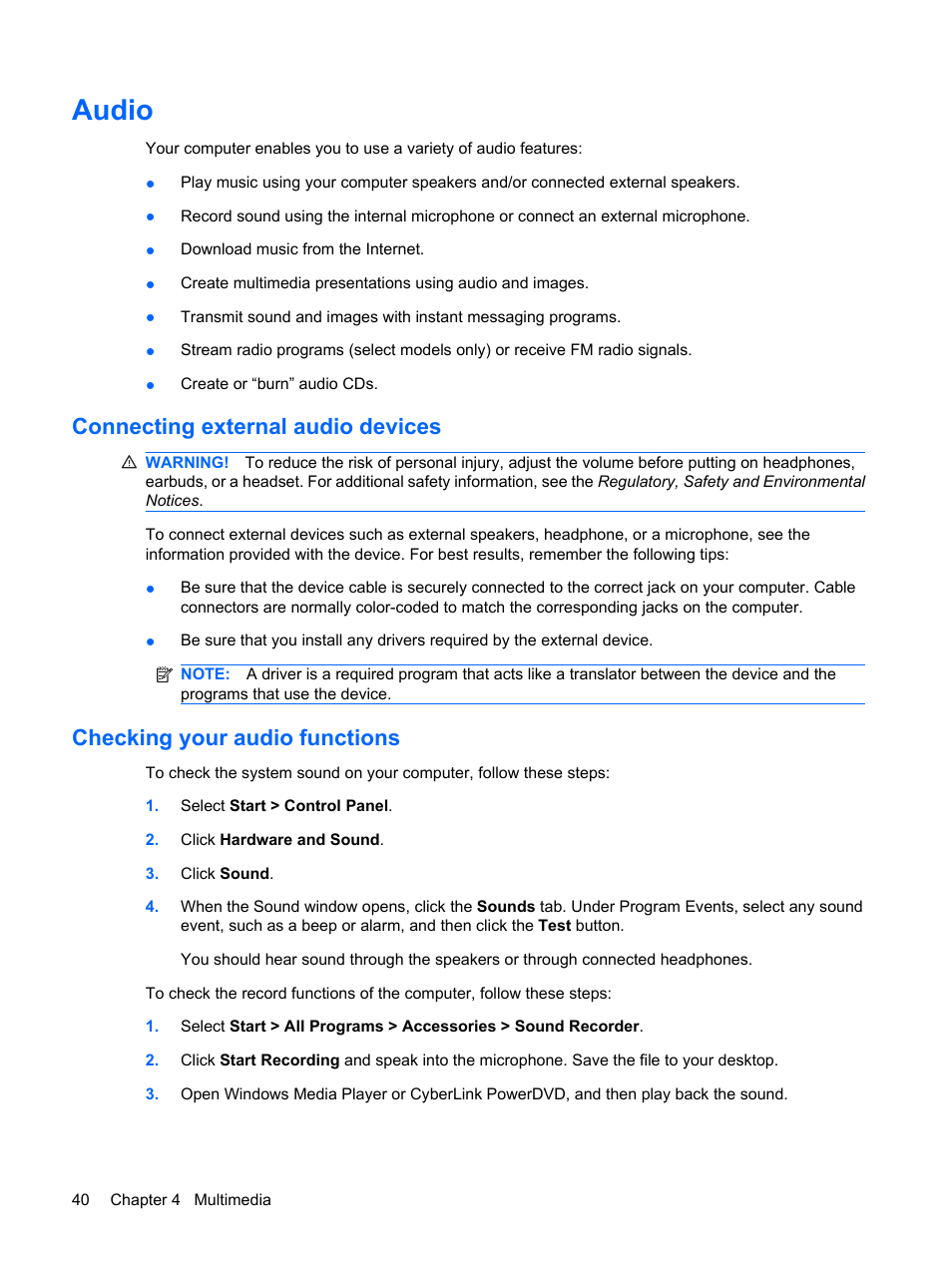 Audio, Connecting external audio devices, Checking your audio functions | HP G72-b50US Notebook PC User Manual | Page 50 / 127