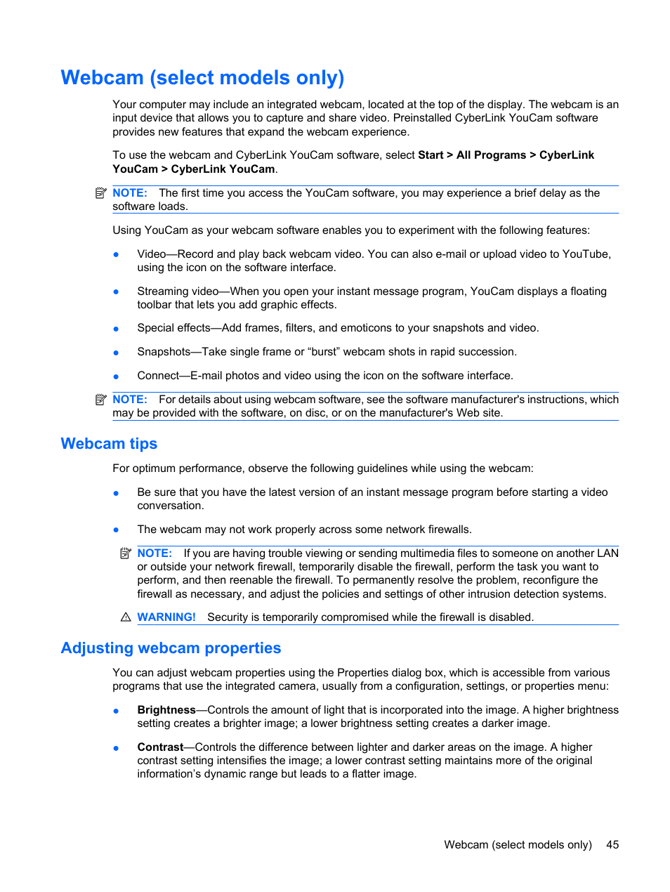 Webcam (select models only), Webcam tips, Adjusting webcam properties | Webcam tips adjusting webcam properties | HP G72-b50US Notebook PC User Manual | Page 55 / 127
