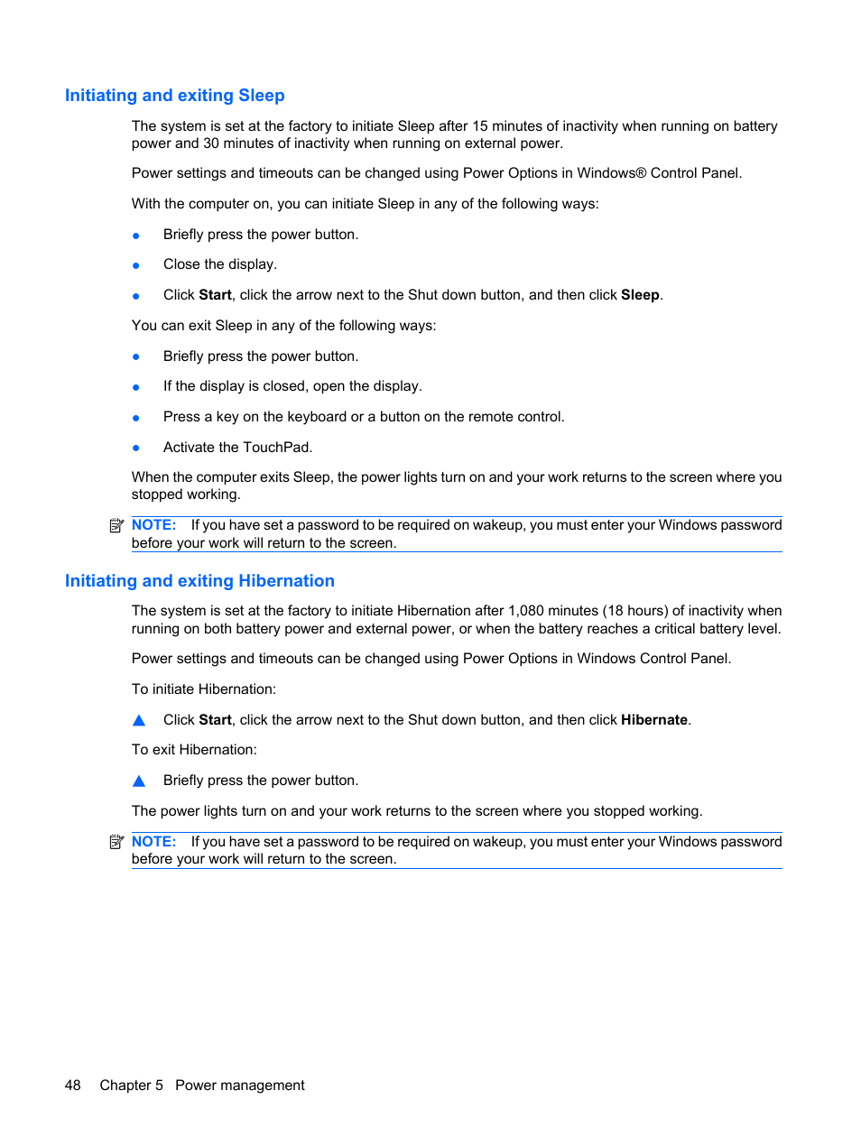 Initiating and exiting sleep, Initiating and exiting hibernation | HP G72-b50US Notebook PC User Manual | Page 58 / 127