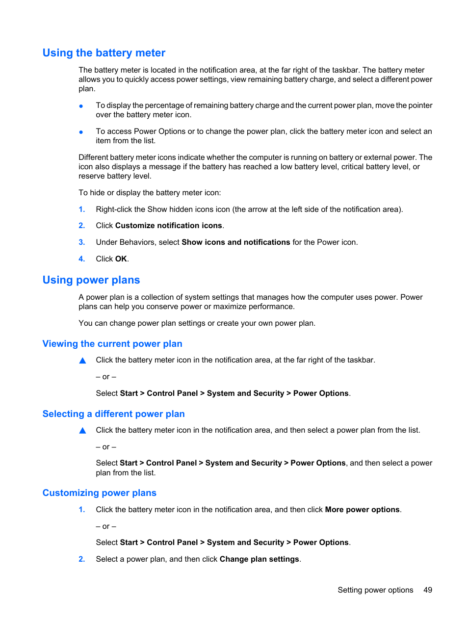 Using the battery meter, Using power plans, Viewing the current power plan | Selecting a different power plan, Customizing power plans, Using the battery meter using power plans | HP G72-b50US Notebook PC User Manual | Page 59 / 127