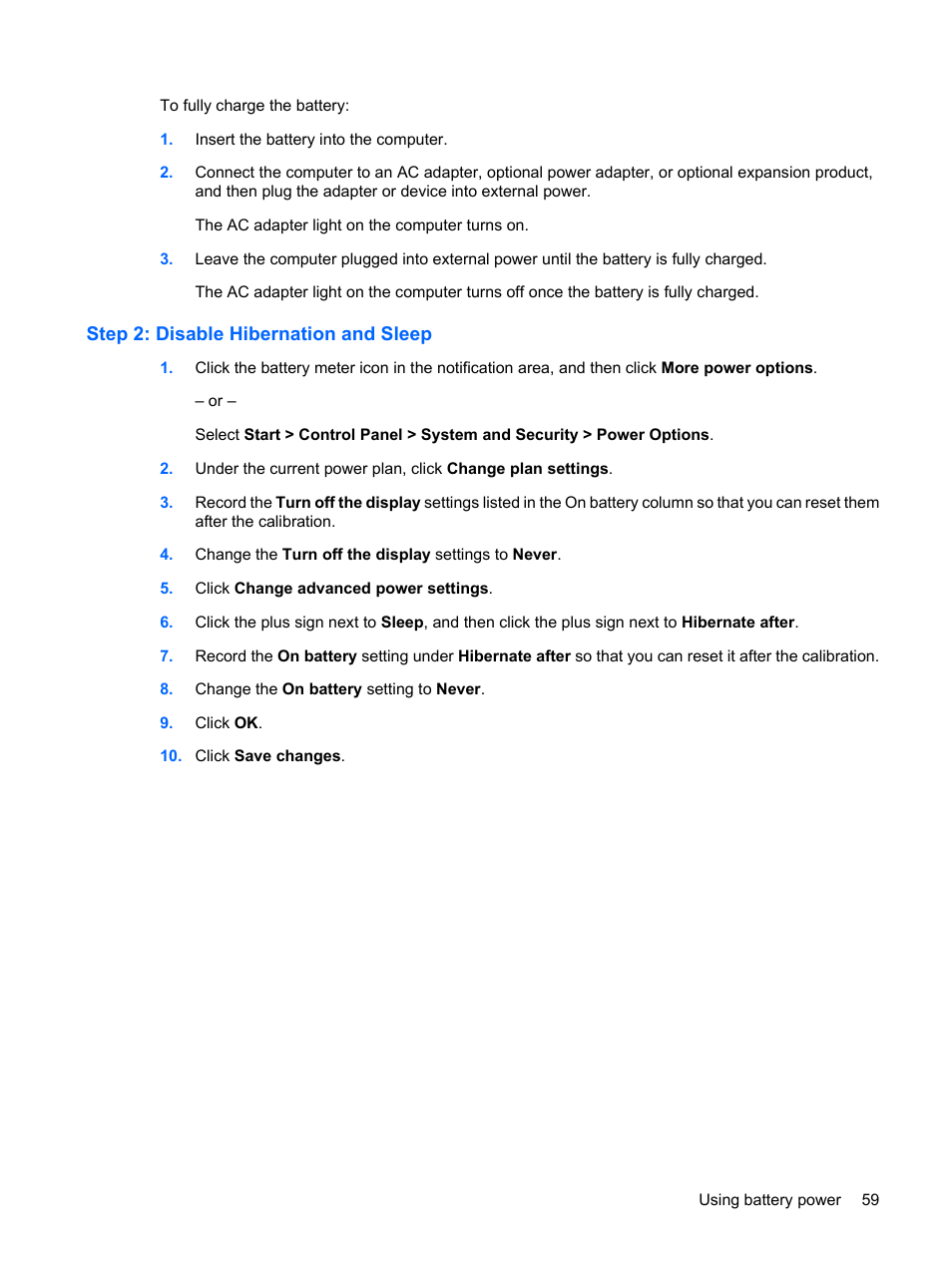 Step 2: disable hibernation and sleep | HP G72-b50US Notebook PC User Manual | Page 69 / 127