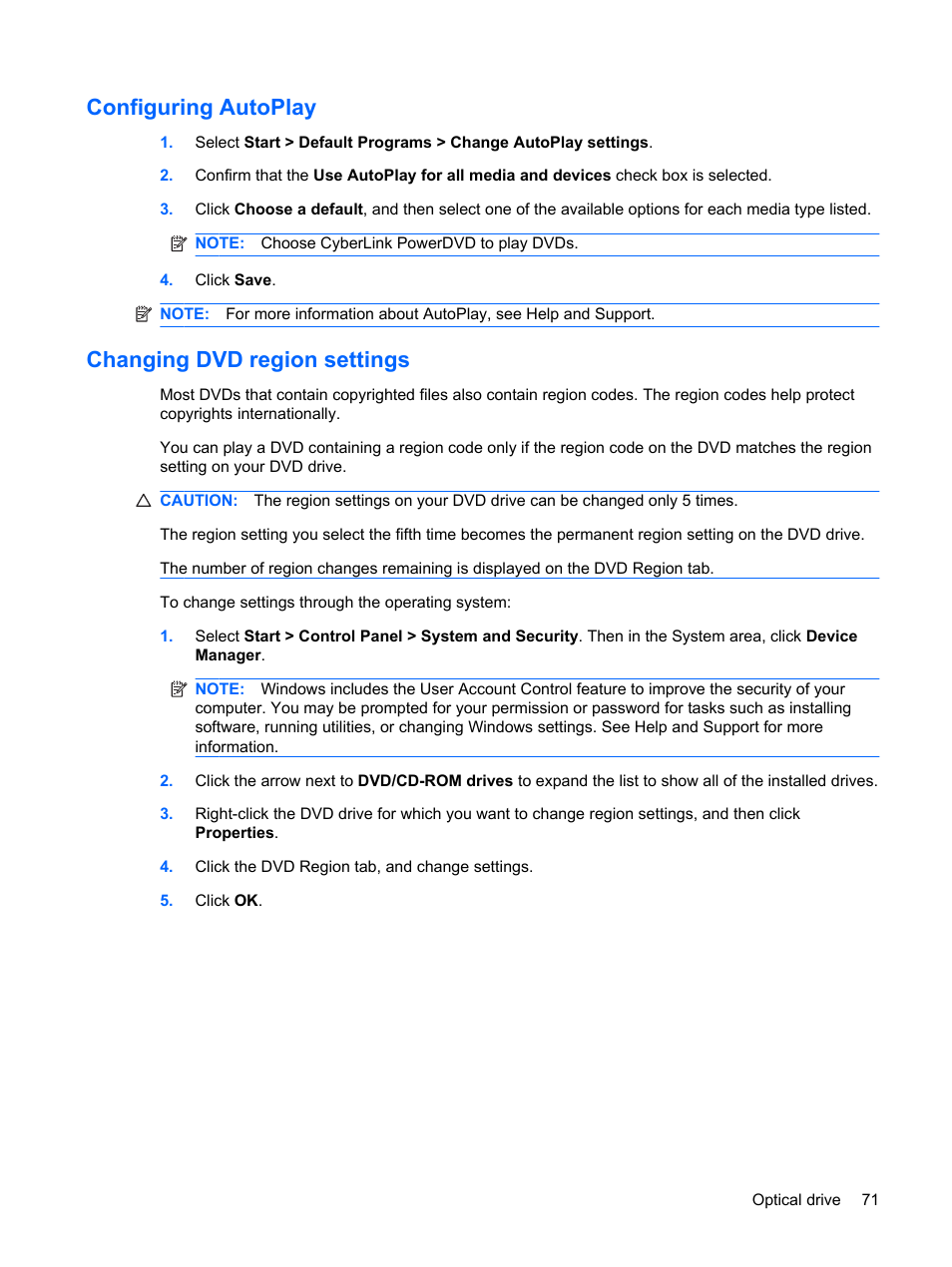 Configuring autoplay, Changing dvd region settings, Configuring autoplay changing dvd region settings | HP G72-b50US Notebook PC User Manual | Page 81 / 127