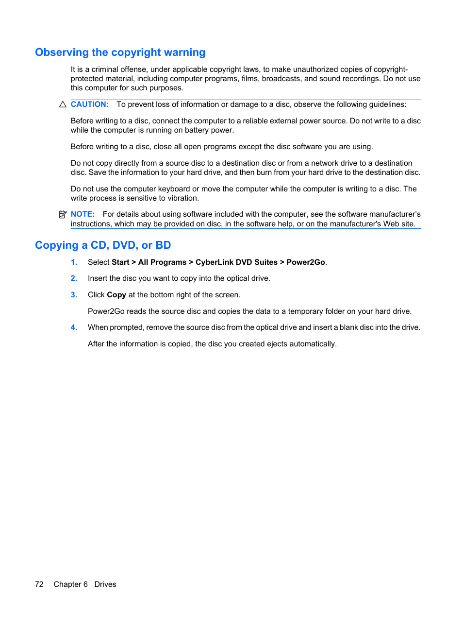 Observing the copyright warning, Copying a cd, dvd, or bd | HP G72-b50US Notebook PC User Manual | Page 82 / 127