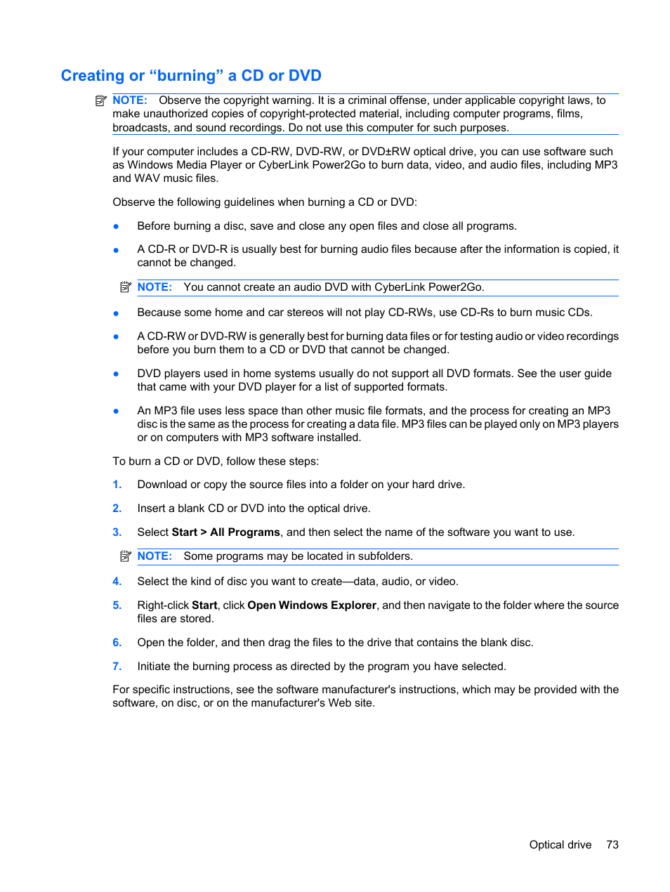 Creating or “burning” a cd or dvd | HP G72-b50US Notebook PC User Manual | Page 83 / 127