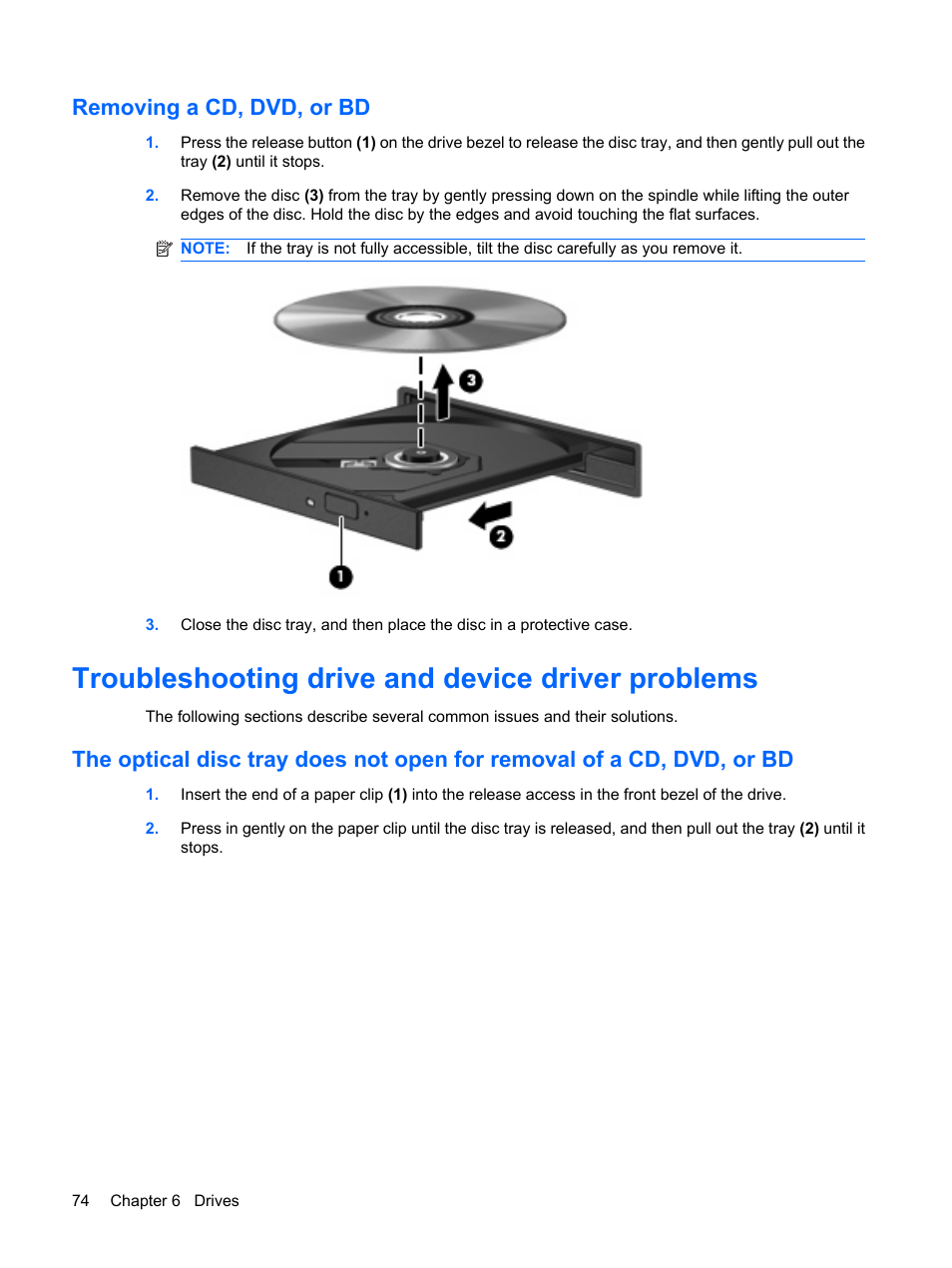 Removing a cd, dvd, or bd, Troubleshooting drive and device driver problems | HP G72-b50US Notebook PC User Manual | Page 84 / 127
