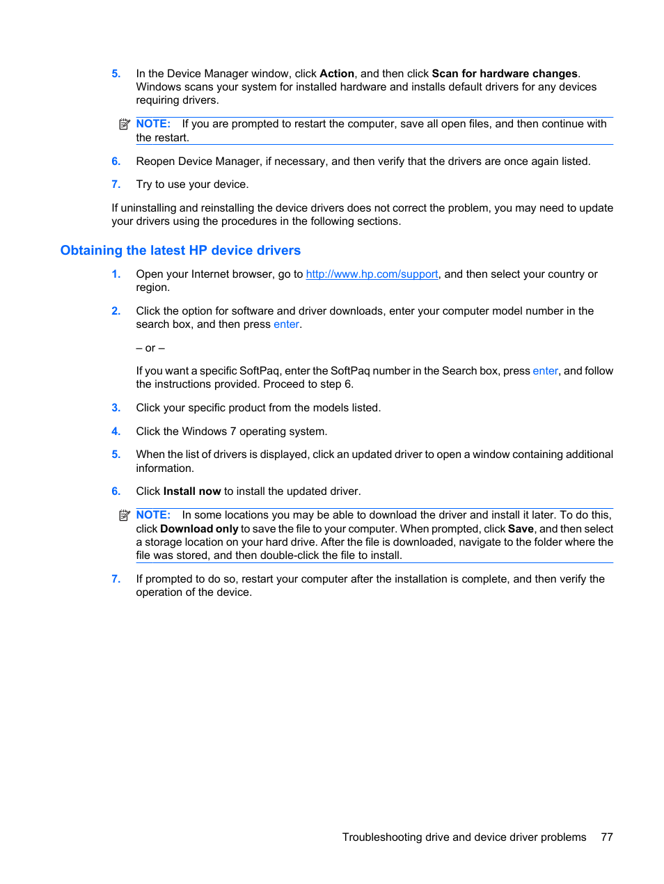 Obtaining the latest hp device drivers | HP G72-b50US Notebook PC User Manual | Page 87 / 127