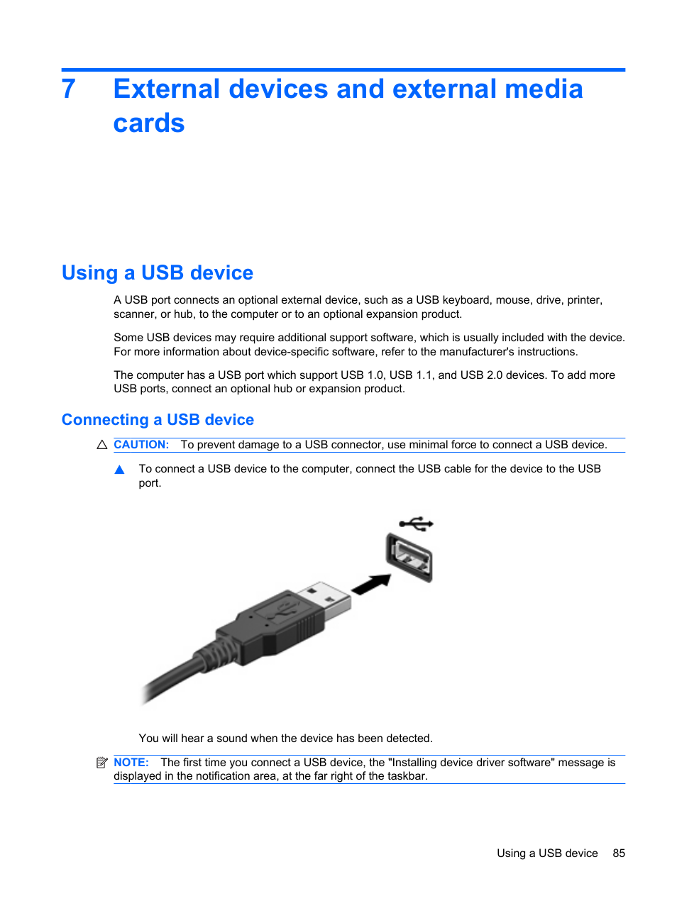External devices and external media cards, Using a usb device, Connecting a usb device | 7 external devices and external media cards, 7external devices and external media cards | HP G72-b50US Notebook PC User Manual | Page 95 / 127