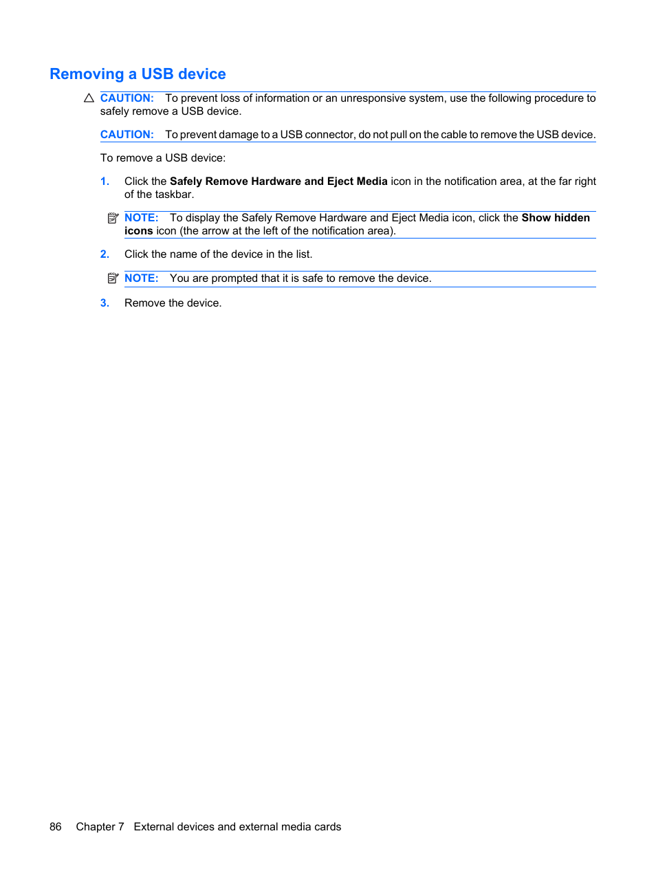 Removing a usb device | HP G72-b50US Notebook PC User Manual | Page 96 / 127