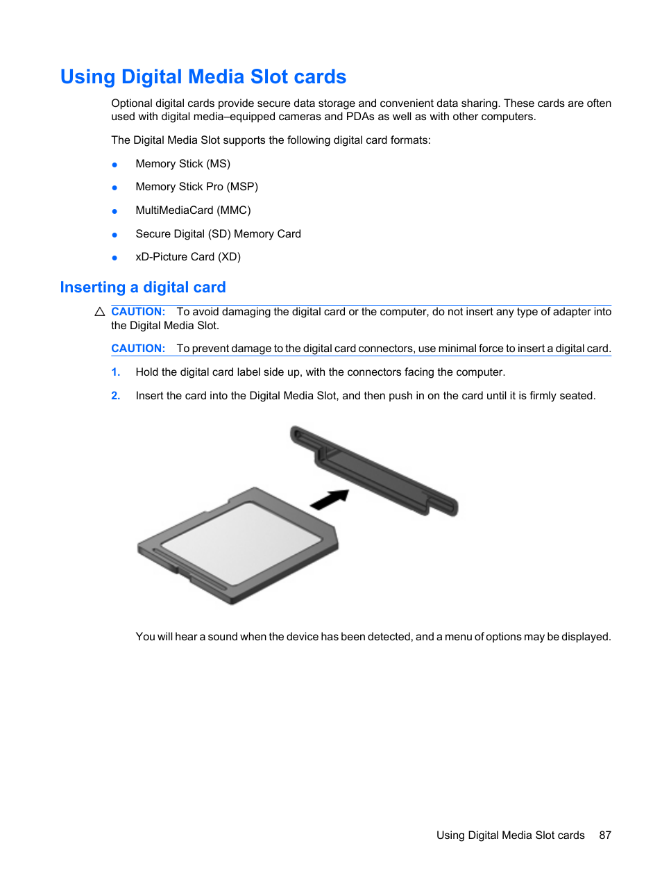 Using digital media slot cards, Inserting a digital card | HP G72-b50US Notebook PC User Manual | Page 97 / 127