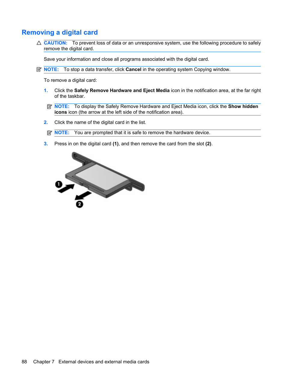 Removing a digital card | HP G72-b50US Notebook PC User Manual | Page 98 / 127