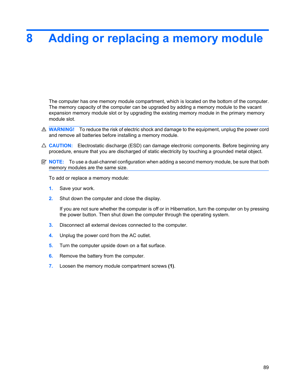 Adding or replacing a memory module, 8 adding or replacing a memory module | HP G72-b50US Notebook PC User Manual | Page 99 / 127