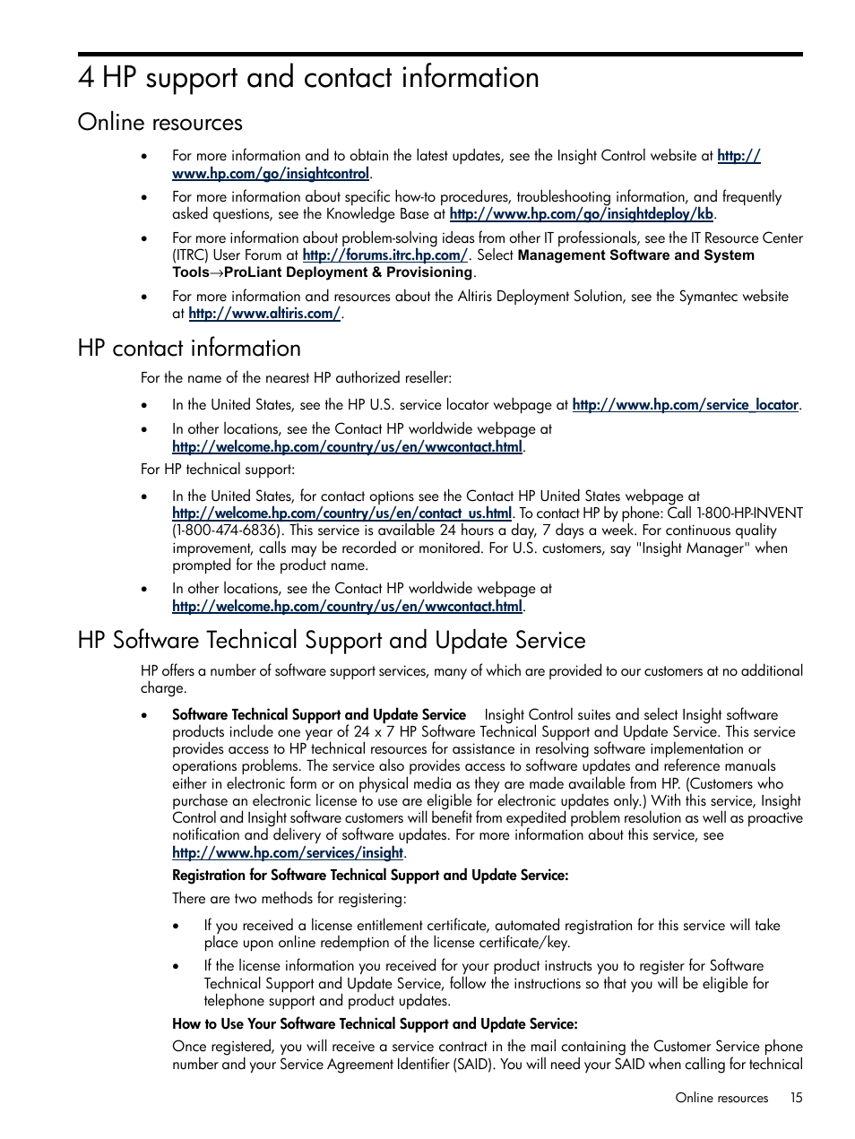 4 hp support and contact information, Online resources, Hp contact information | Hp software technical support and update service | HP Insight Control User Manual | Page 15 / 16