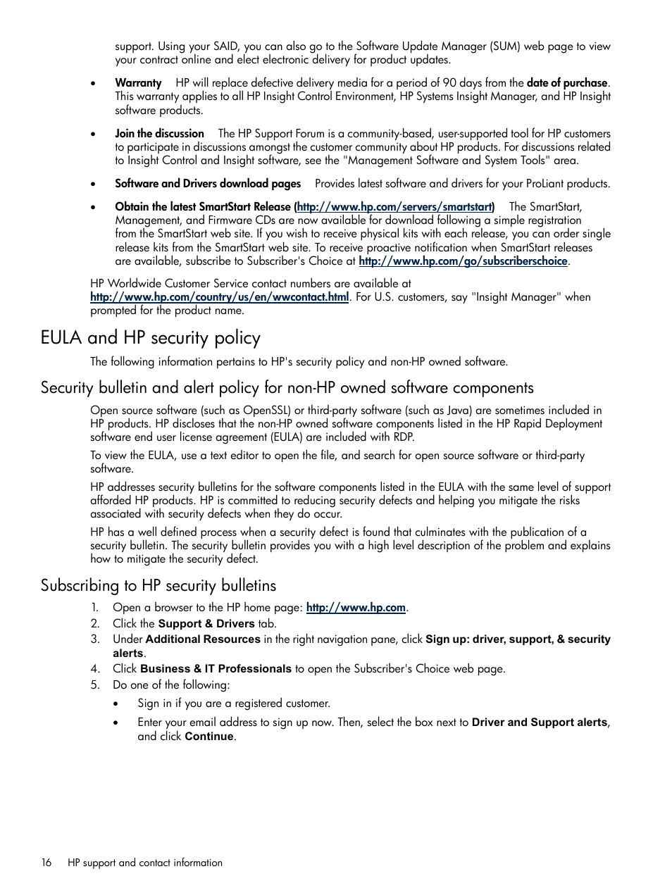 Eula and hp security policy, Subscribing to hp security bulletins | HP Insight Control User Manual | Page 16 / 16