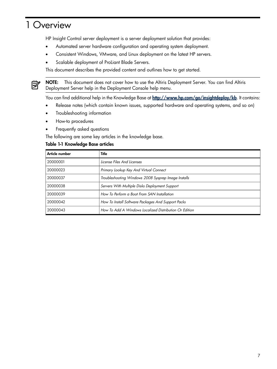 1 overview, Knowledge base articles | HP Insight Control User Manual | Page 7 / 16