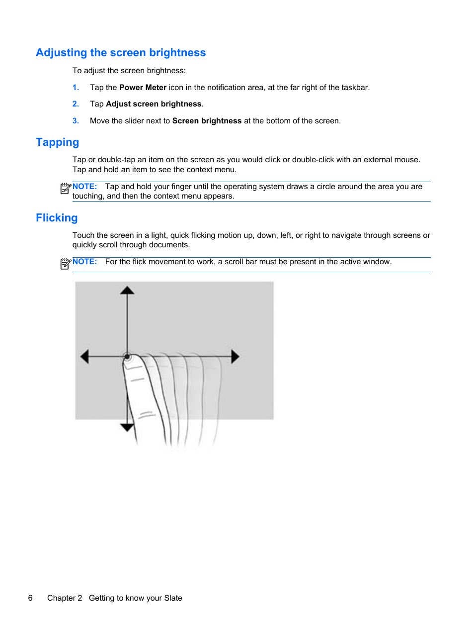 Adjusting the screen brightness, Tapping, Flicking | Adjusting the screen brightness tapping flicking | HP Slate 2 Tablet PC User Manual | Page 16 / 87
