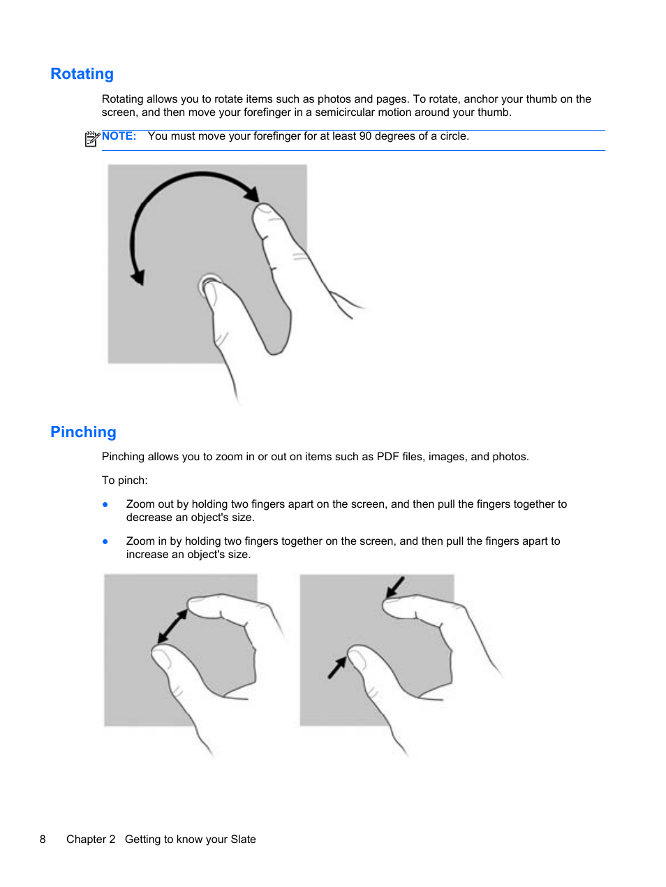 Rotating, Pinching, Rotating pinching | HP Slate 2 Tablet PC User Manual | Page 18 / 87