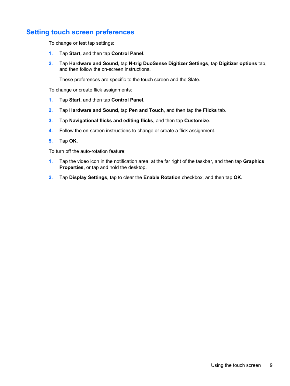 Setting touch screen preferences | HP Slate 2 Tablet PC User Manual | Page 19 / 87