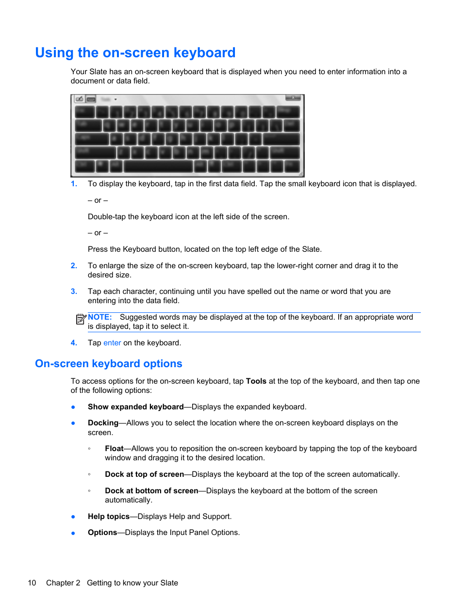 Using the on-screen keyboard, On-screen keyboard options | HP Slate 2 Tablet PC User Manual | Page 20 / 87