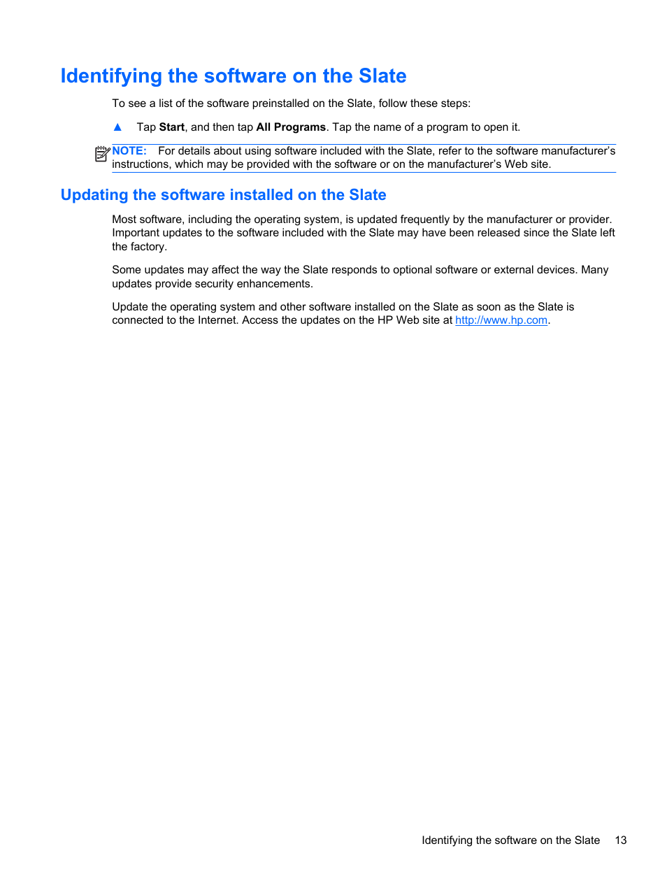 Identifying the software on the slate, Updating the software installed on the slate | HP Slate 2 Tablet PC User Manual | Page 23 / 87