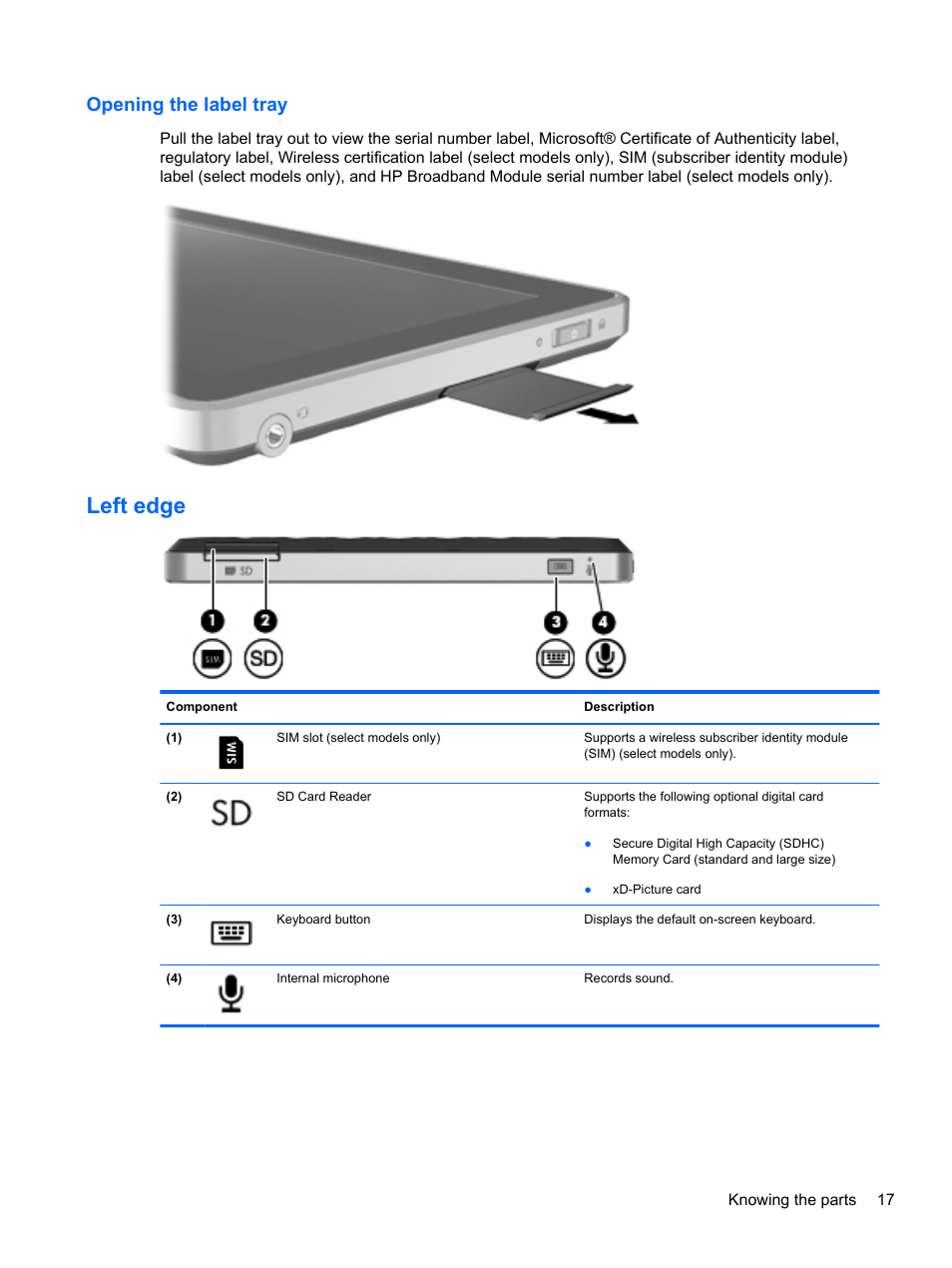 Opening the label tray, Left edge | HP Slate 2 Tablet PC User Manual | Page 27 / 87