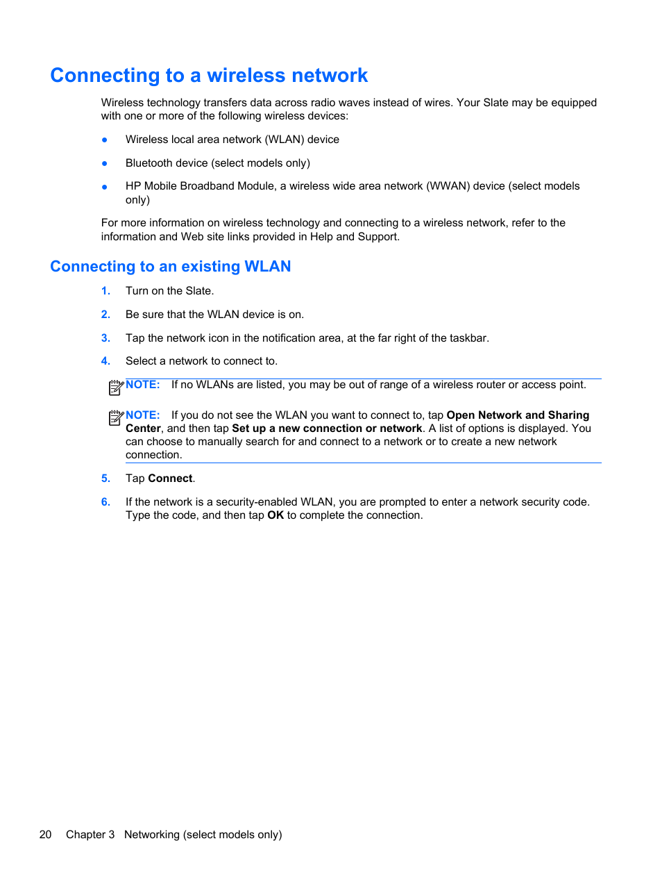 Connecting to a wireless network, Connecting to an existing wlan | HP Slate 2 Tablet PC User Manual | Page 30 / 87