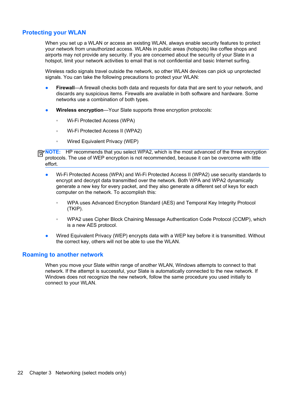 Protecting your wlan, Roaming to another network, Protecting your wlan roaming to another network | HP Slate 2 Tablet PC User Manual | Page 32 / 87