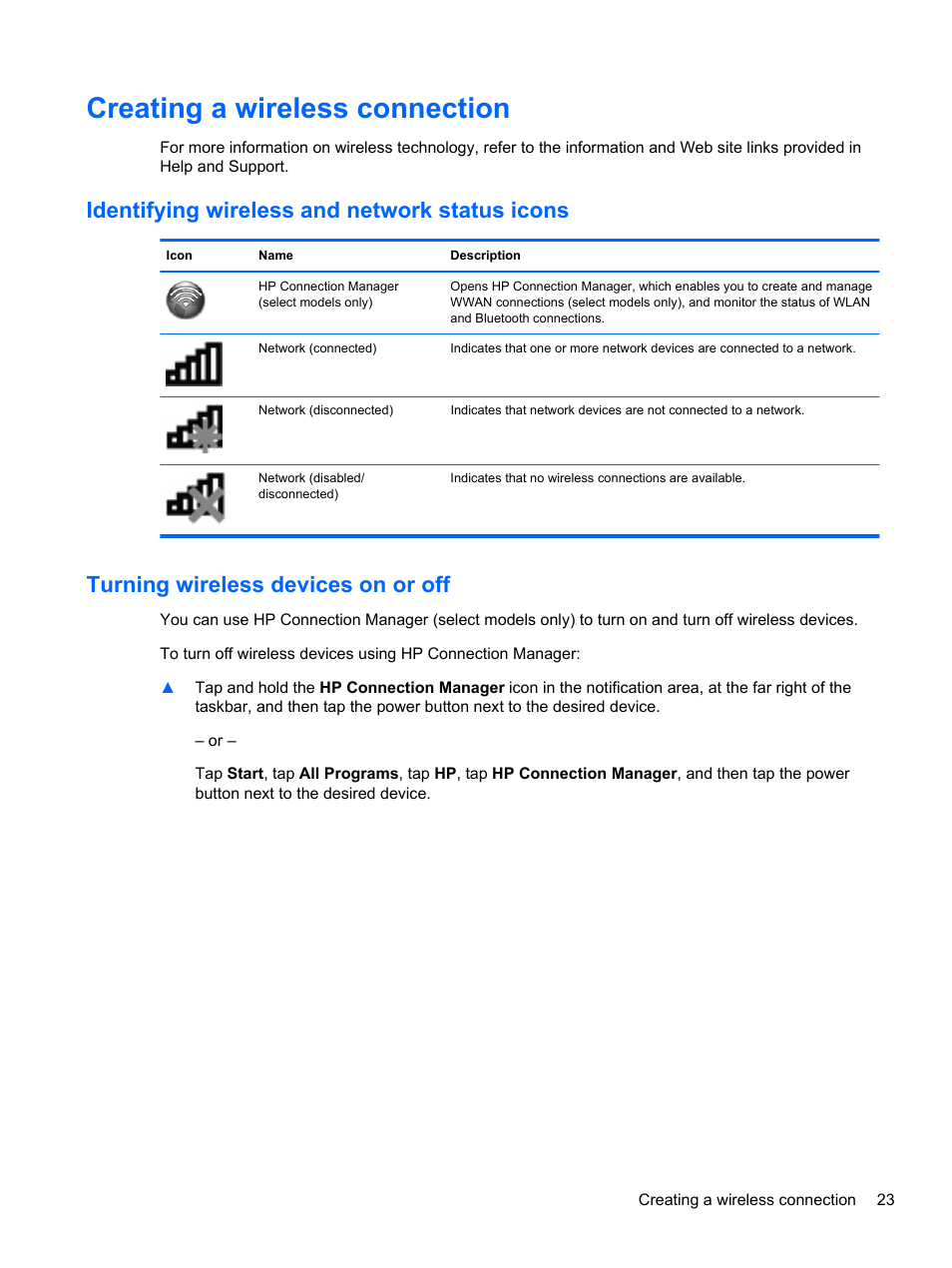 Creating a wireless connection, Identifying wireless and network status icons, Turning wireless devices on or off | HP Slate 2 Tablet PC User Manual | Page 33 / 87