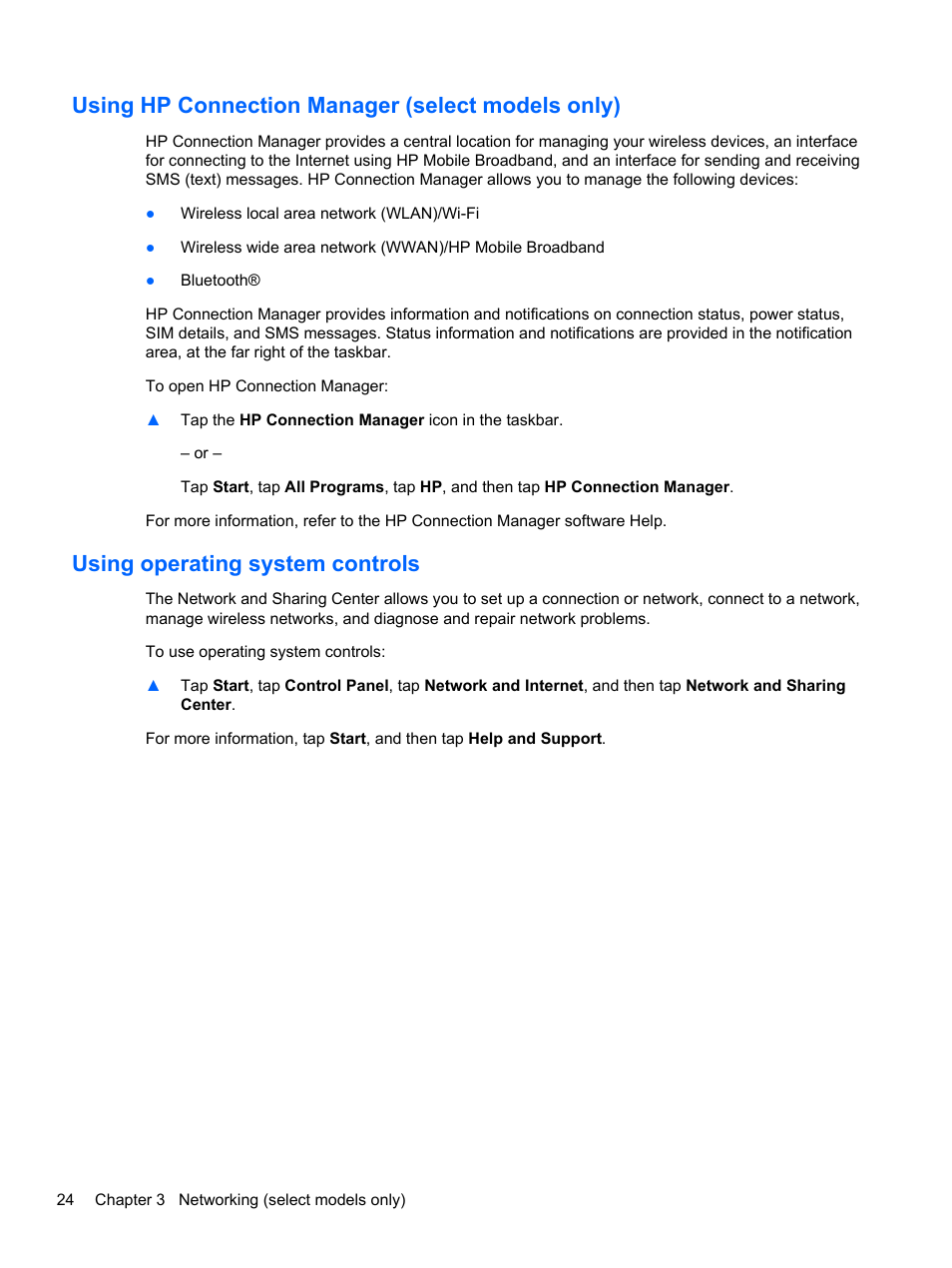 Using hp connection manager (select models only), Using operating system controls | HP Slate 2 Tablet PC User Manual | Page 34 / 87