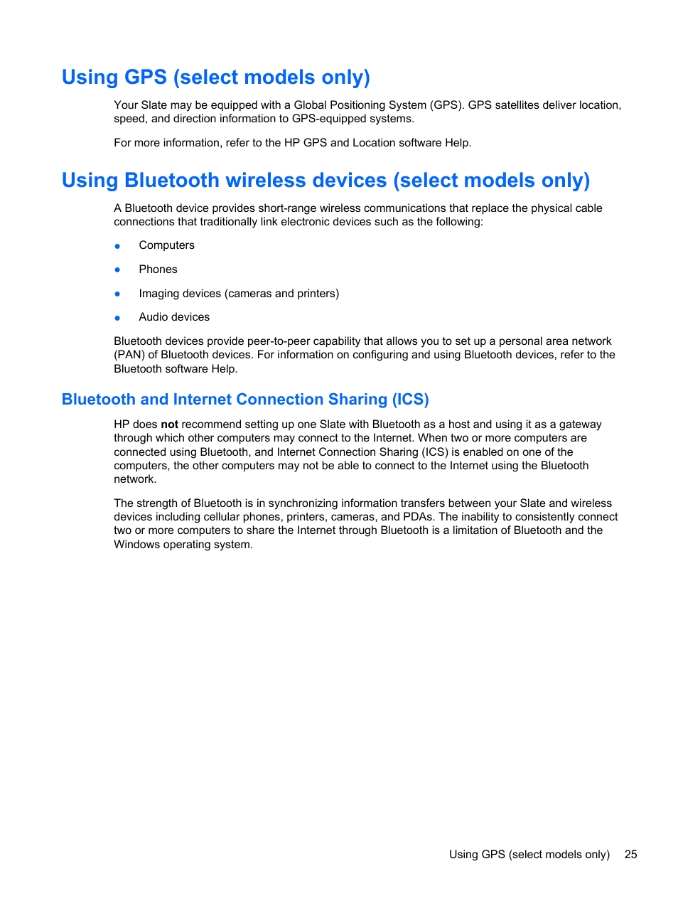 Using gps (select models only), Bluetooth and internet connection sharing (ics) | HP Slate 2 Tablet PC User Manual | Page 35 / 87