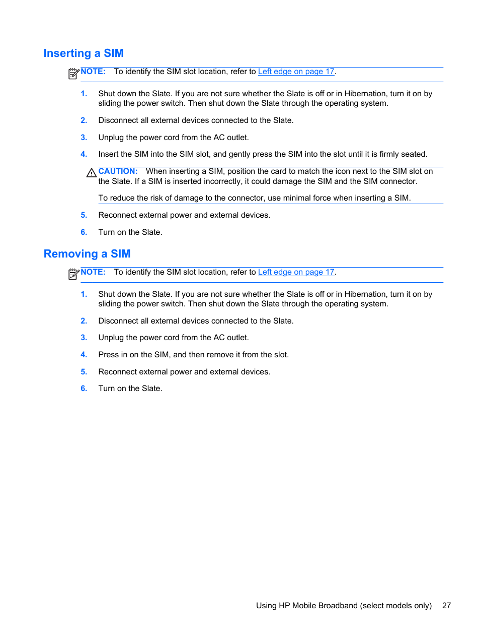Inserting a sim, Removing a sim, Inserting a sim removing a sim | HP Slate 2 Tablet PC User Manual | Page 37 / 87