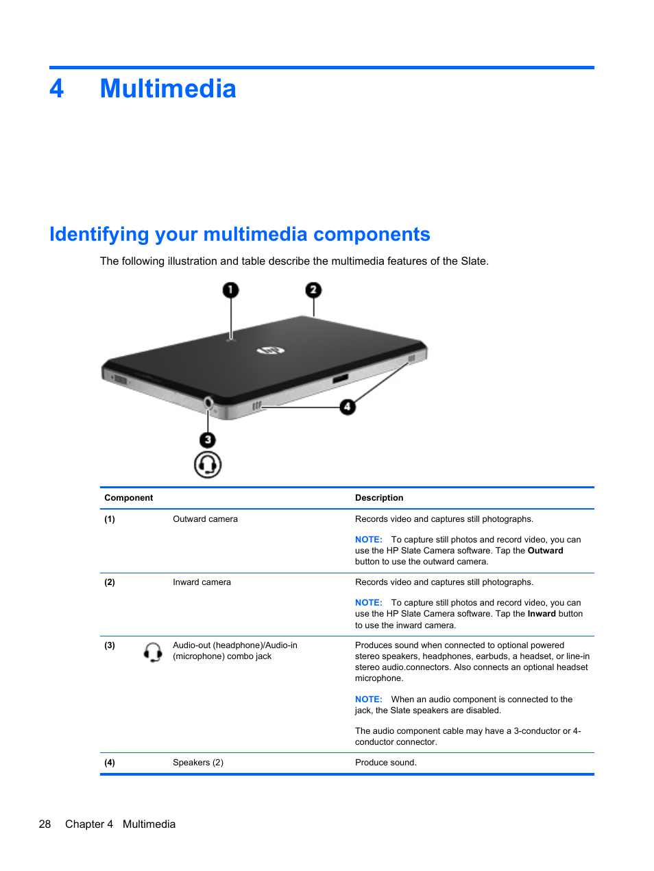 Multimedia, Identifying your multimedia components, 4 multimedia | 4multimedia | HP Slate 2 Tablet PC User Manual | Page 38 / 87