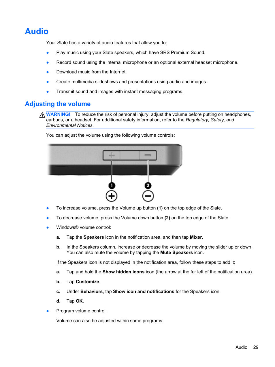 Audio, Adjusting the volume | HP Slate 2 Tablet PC User Manual | Page 39 / 87