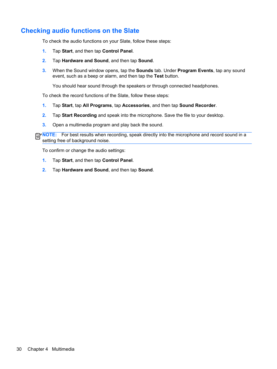 Checking audio functions on the slate | HP Slate 2 Tablet PC User Manual | Page 40 / 87