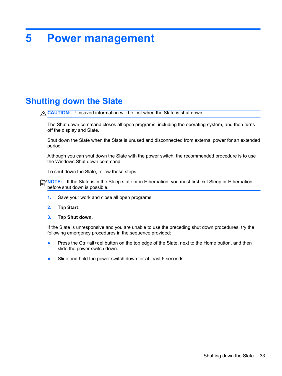 Power management, Shutting down the slate, 5 power management | 5power management | HP Slate 2 Tablet PC User Manual | Page 43 / 87