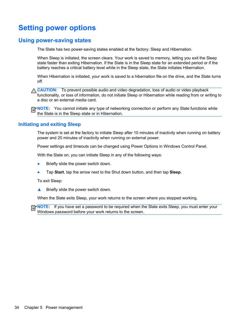 Setting power options, Using power-saving states, Initiating and exiting sleep | HP Slate 2 Tablet PC User Manual | Page 44 / 87