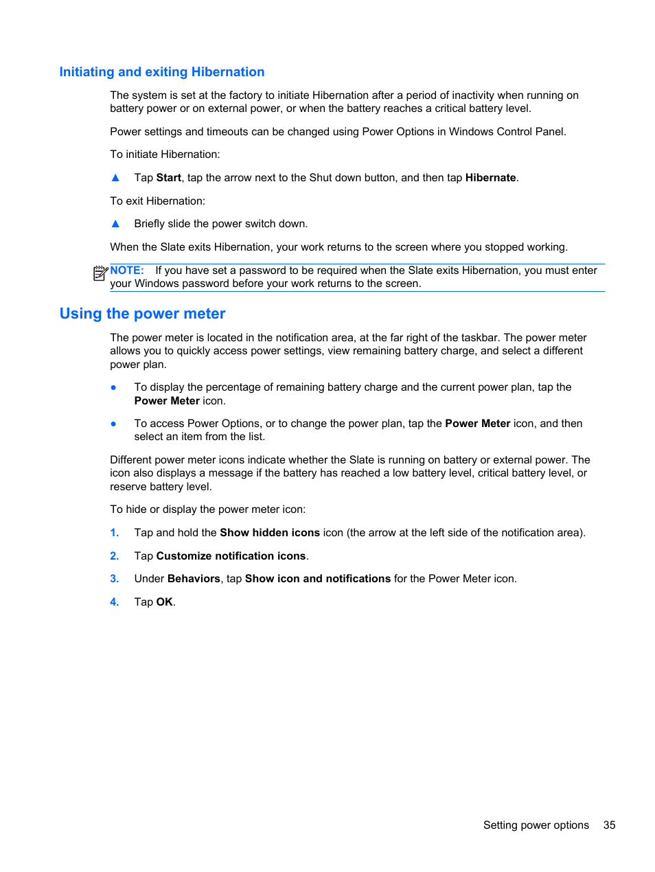 Initiating and exiting hibernation, Using the power meter | HP Slate 2 Tablet PC User Manual | Page 45 / 87