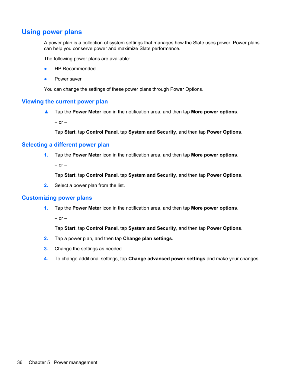 Using power plans, Viewing the current power plan, Selecting a different power plan | Customizing power plans | HP Slate 2 Tablet PC User Manual | Page 46 / 87