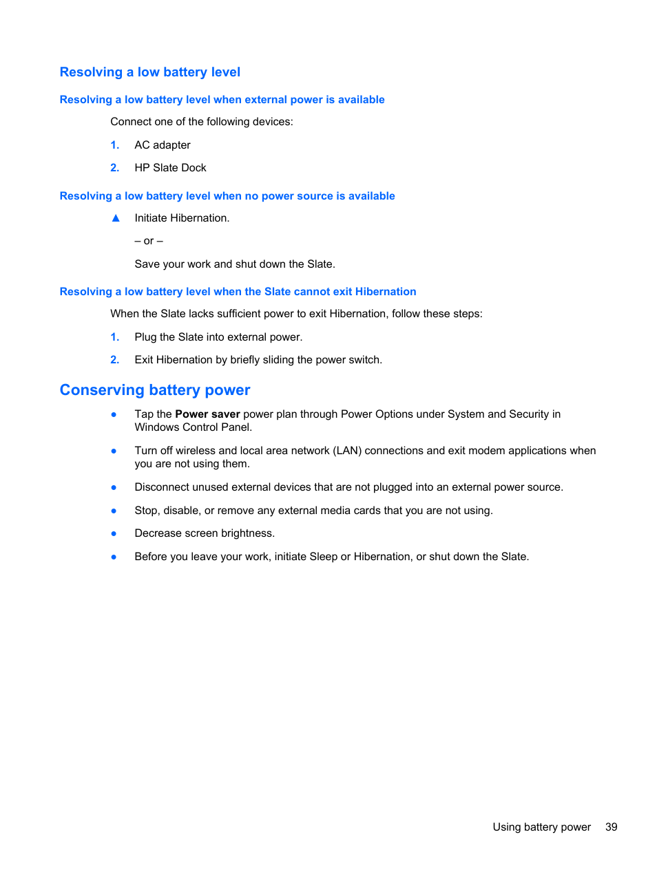 Resolving a low battery level, Conserving battery power | HP Slate 2 Tablet PC User Manual | Page 49 / 87