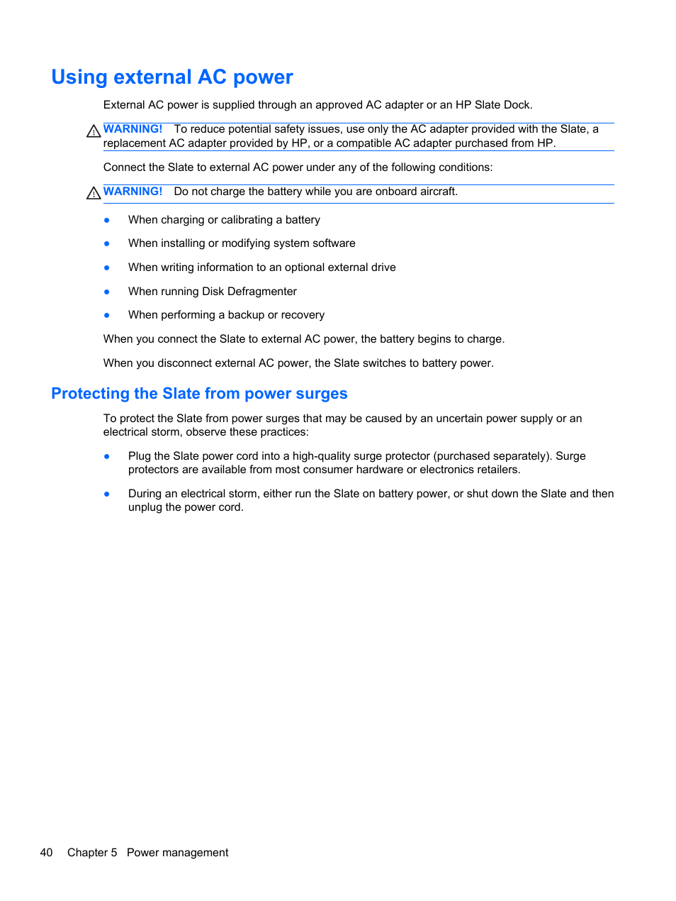 Using external ac power, Protecting the slate from power surges | HP Slate 2 Tablet PC User Manual | Page 50 / 87