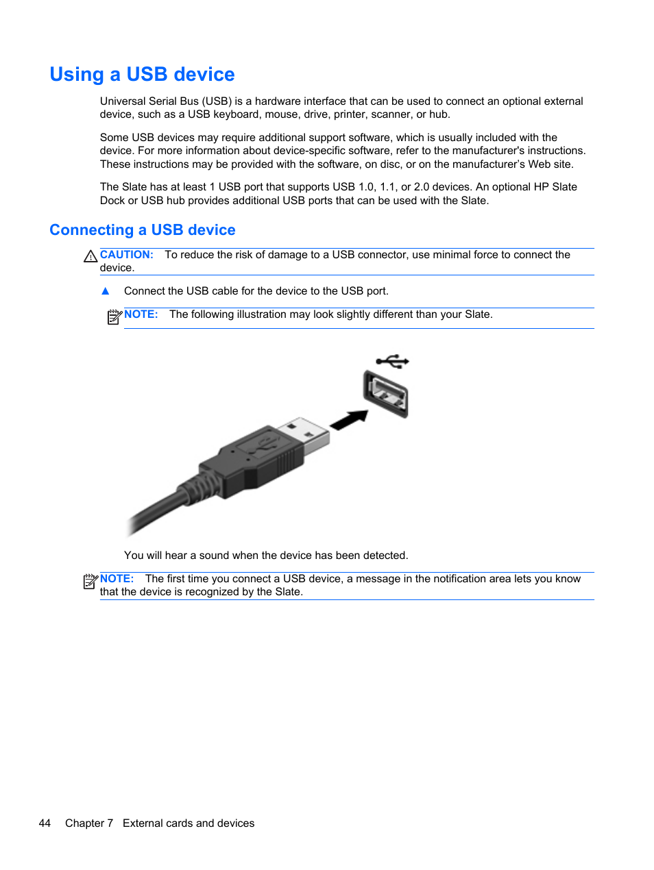 Using a usb device, Connecting a usb device | HP Slate 2 Tablet PC User Manual | Page 54 / 87