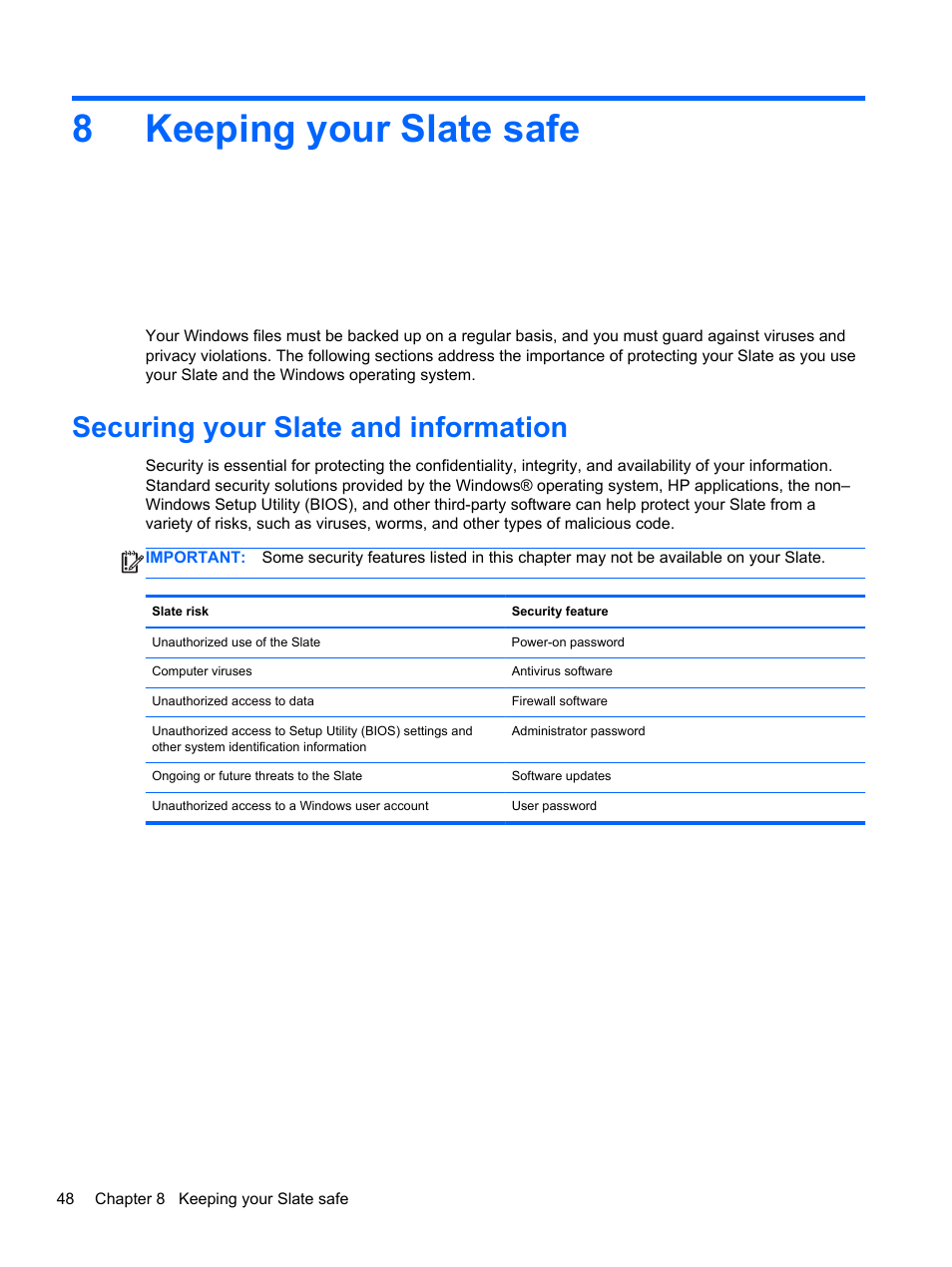 Keeping your slate safe, Securing your slate and information, 8 keeping your slate safe | 8keeping your slate safe | HP Slate 2 Tablet PC User Manual | Page 58 / 87