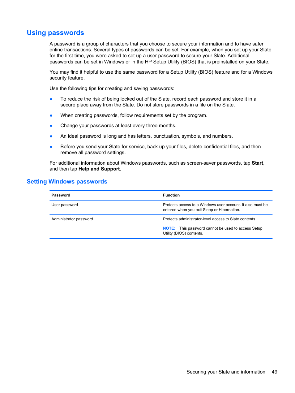 Using passwords, Setting windows passwords | HP Slate 2 Tablet PC User Manual | Page 59 / 87