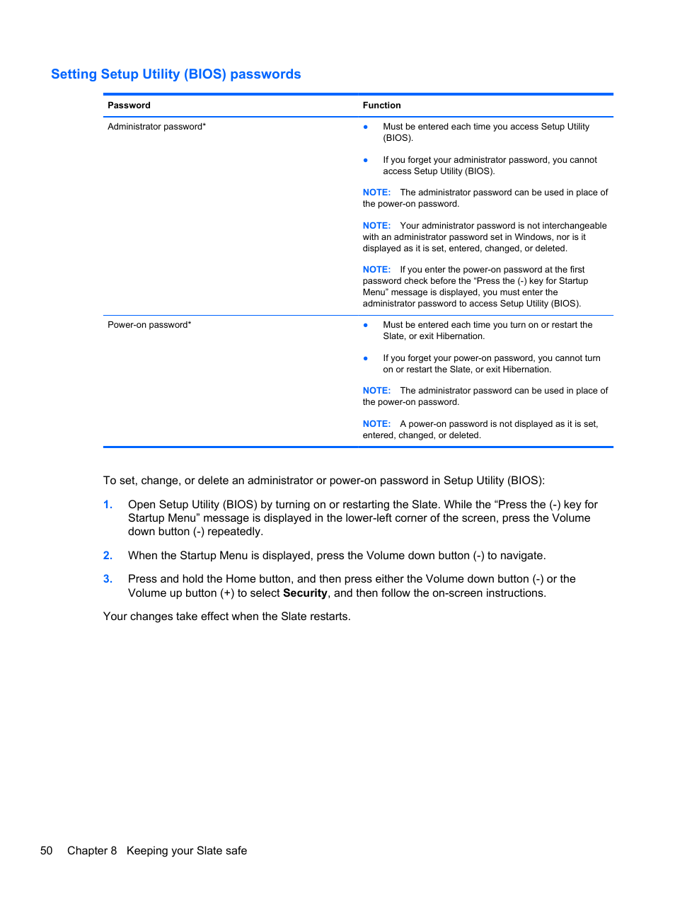 Setting setup utility (bios) passwords | HP Slate 2 Tablet PC User Manual | Page 60 / 87