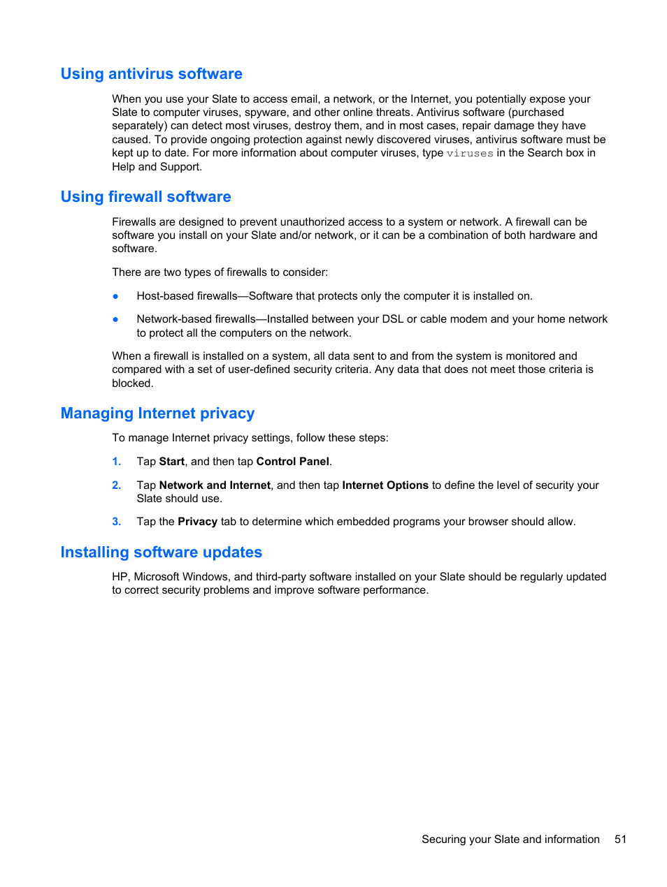 Using antivirus software, Using firewall software, Managing internet privacy | Installing software updates | HP Slate 2 Tablet PC User Manual | Page 61 / 87